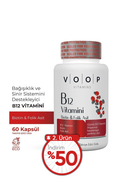 B12 Vitamini - Biotin & Folik Asit Cilt, Saç, Tırnak ve Beyin Sağlığı Destekleyici 60 Bitkisel Kapsül - 1