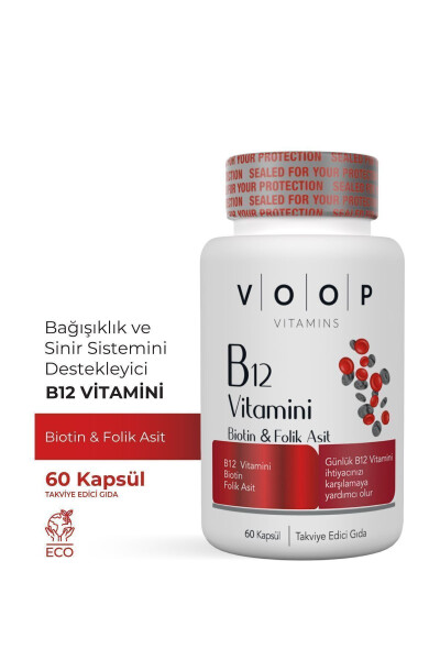 B12 Vitamini - Biotin & Folik Asit Cilt, Saç, Tırnak ve Beyin Sağlığı Destekleyici 60 Bitkisel Kapsül - 2