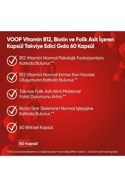 B12 Vitamini - Biotin & Folik Asit Cilt, Saç, Tırnak ve Beyin Sağlığı Destekleyici 60 Bitkisel Kapsül - 3