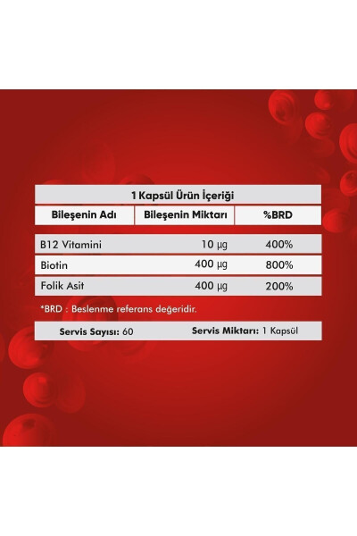 B12 Vitamini - Biotin & Folik Asit Cilt, Saç, Tırnak ve Beyin Sağlığı Destekleyici 60 Bitkisel Kapsül - 4