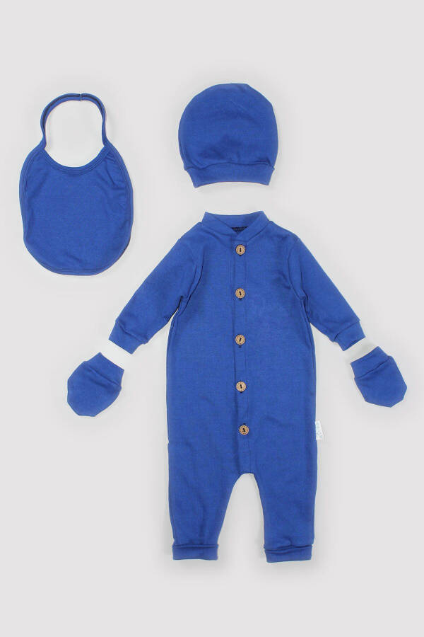 Baby 5 Add 4 Pay Flexible Medium Thick Cotton Wooden Buttoned Plain Jumpsuit Set 4 Piece Elpen Hat Bib 14693 - 1