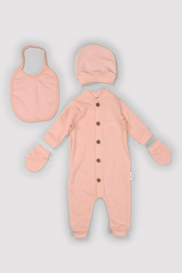 Baby 5 Add 4 Pay Flexible Medium Thick Cotton Wooden Buttoned Plain Jumpsuit Set 4pc Elpen Hat Scarf Bib 14693 - 1