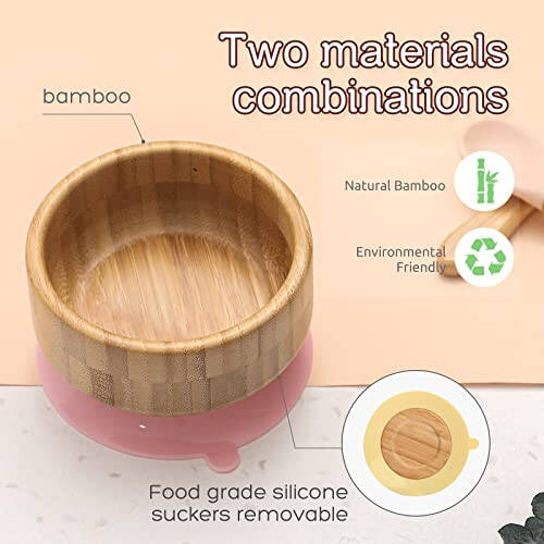 Baby Bamboo Bowls with Suction and Matching Spoon Set - 2PC Feeding Supplies Set for Infant, Toddlers - Detachable Silicone Suction Stay Put Base for Wooden Bowl - BPA Free （Mint） - 3