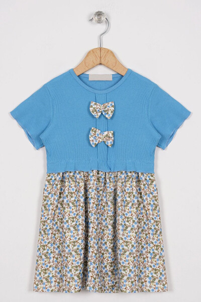 Baby Blue Girl Dress with Floral Print on the Front - 1