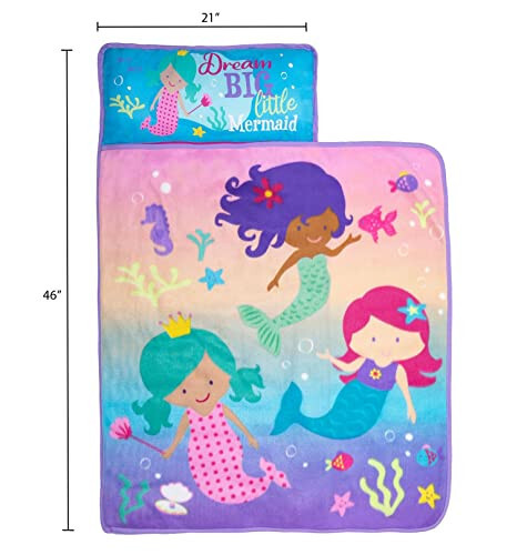 Baby Boom Funhouse Mermaid Kids Nap Mat Set – Includes Pillow and Fleece Blanket – Great for Girls Napping during Daycare or Preschool - Fits Toddlers, Pink + Purple - 44