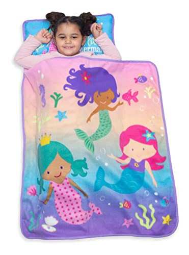 Baby Boom Funhouse Mermaid Kids Nap Mat Set – Includes Pillow and Fleece Blanket – Great for Girls Napping during Daycare or Preschool - Fits Toddlers, Pink + Purple - 36