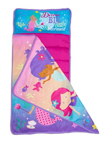 Baby Boom Funhouse Mermaid Kids Nap Mat Set – Includes Pillow and Fleece Blanket – Great for Girls Napping during Daycare or Preschool - Fits Toddlers, Pink + Purple - 38