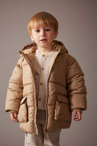 Baby Boy Hooded Fleece Lined Puffer Jacket Beige - 1