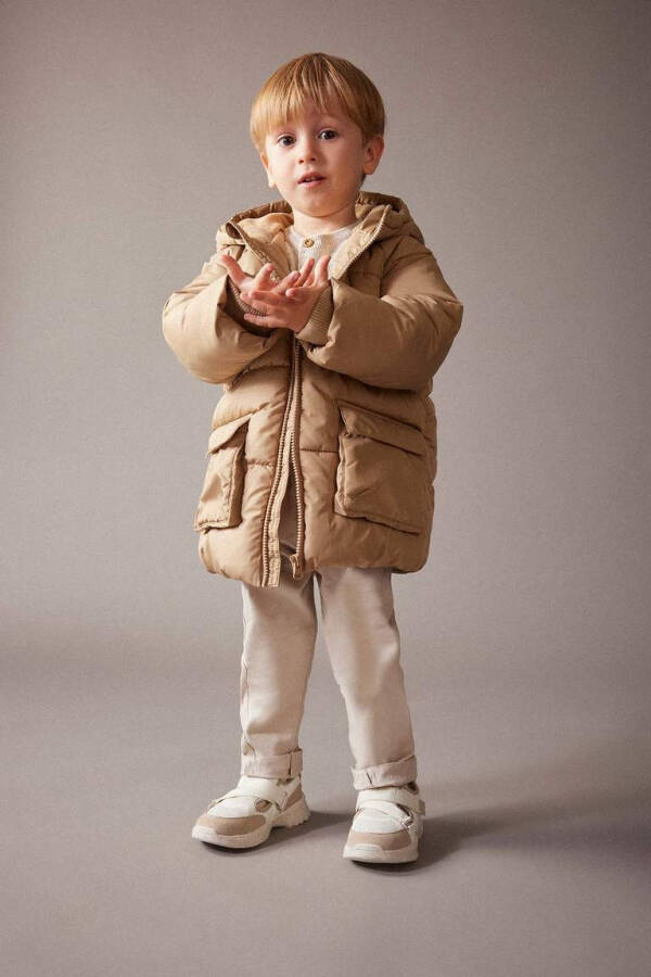 Baby Boy Hooded Fleece Lined Puffer Jacket Beige - 2