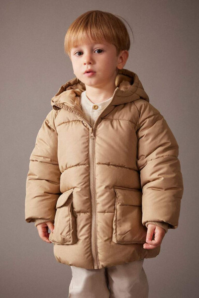 Baby Boy Hooded Fleece Lined Puffer Jacket Beige - 3