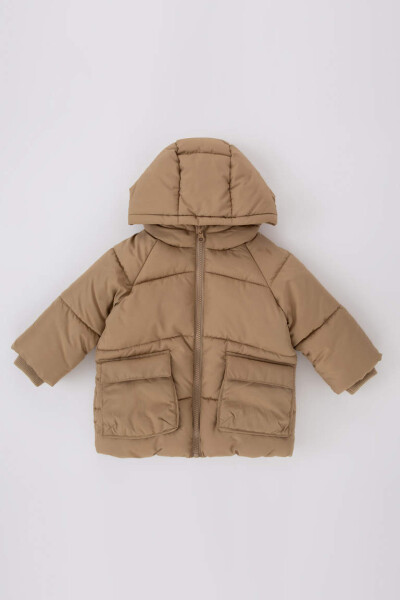 Baby Boy Hooded Fleece Lined Puffer Jacket Beige - 6