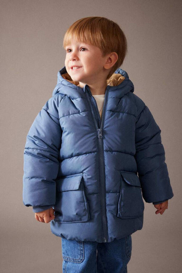 Baby Boy Hooded Fleece Lined Puffer Jacket Light Indigo - 15