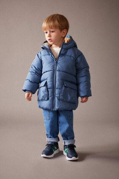 Baby Boy Hooded Fleece Lined Puffer Jacket Light Indigo - 16