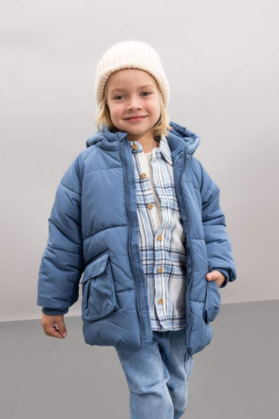 Baby Boy Hooded Fleece Lined Puffer Jacket Light Indigo - 1