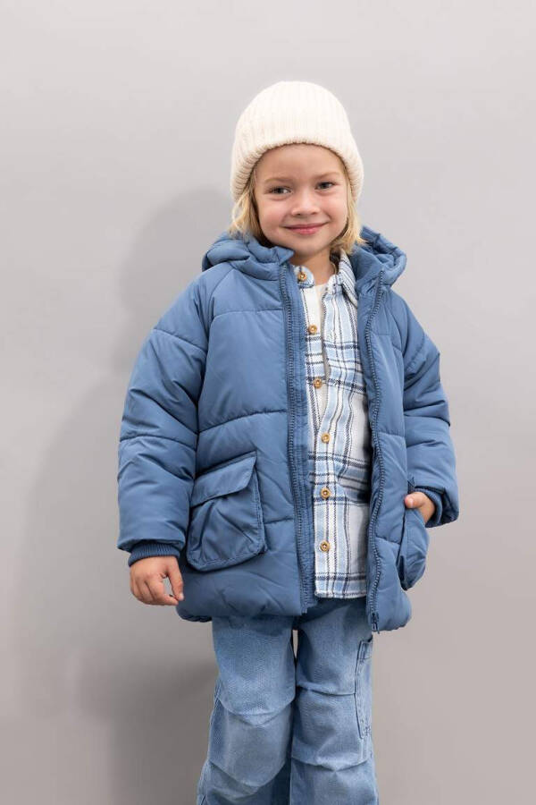 Baby Boy Hooded Fleece Lined Puffer Jacket Light Indigo - 3