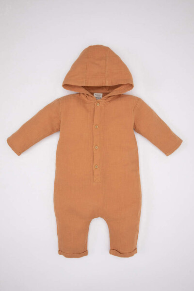 Baby Boy Newborn Hooded Muslin Long Sleeve Romper Camel - 1