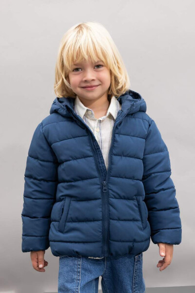 Baby Boy Water-Repellent Hooded Fleece Lined Jacket Indigo - 3