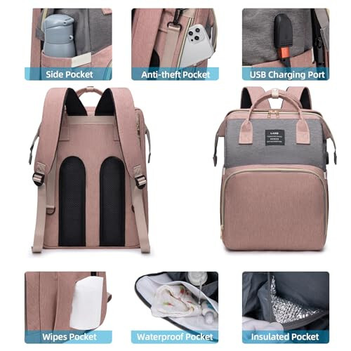 Baby Diaper Bag Backpack for Travel: Pink Diaper Bag with Changing Station Girl Big Large Mommy Bag Travel Mochila Pañaleras para Bebe Niña Niño Bulto Newborn Essentials Must Haves Registry Search - 4