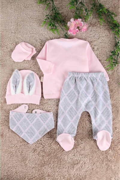 Baby Girl Bunny Ear 100% Organic Cotton 5 Piece Hospital Discharge Set / Newborn Baby Outfit - 2