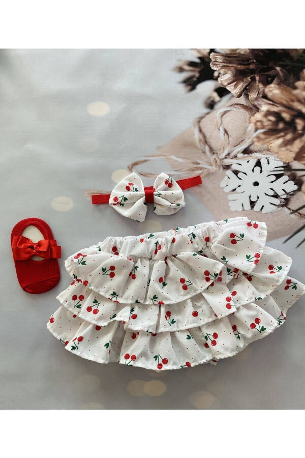 Baby Girl Cherry Patterned Shorts Skirt Ballerina Socks Bandana Set - 7