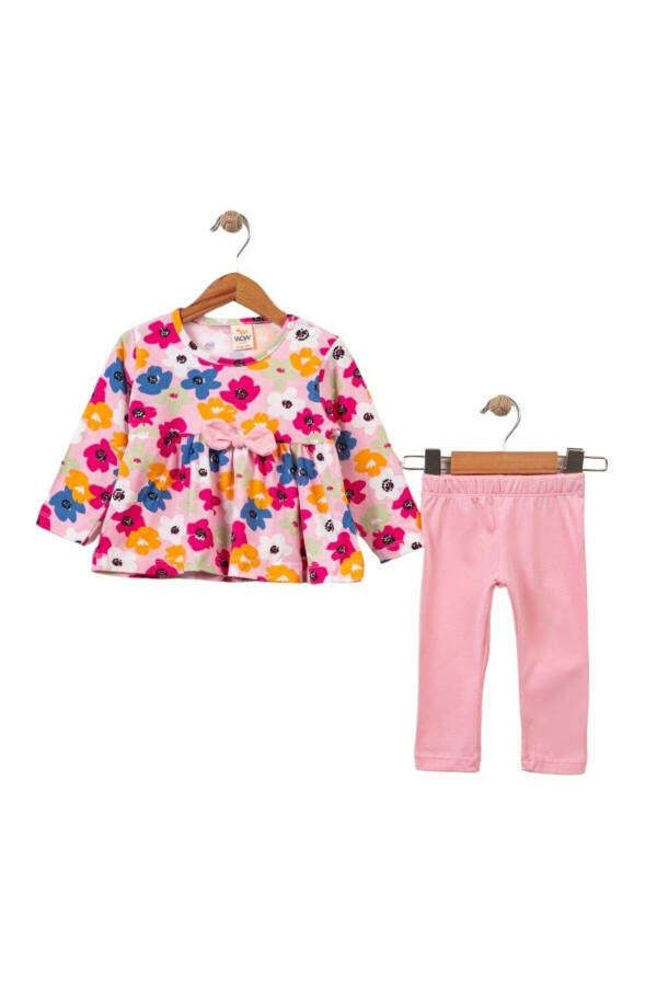 Baby Girl Clothes Set with Flower Pattern and Bow Details - 1