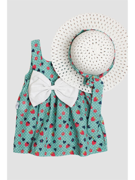 Baby Girl Dress with Flower Pattern and Bow Hat - 2