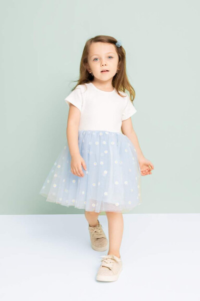 Baby Girl Floral Ribbed Bodice Short Sleeve Tutu Dress Light Blue - 1