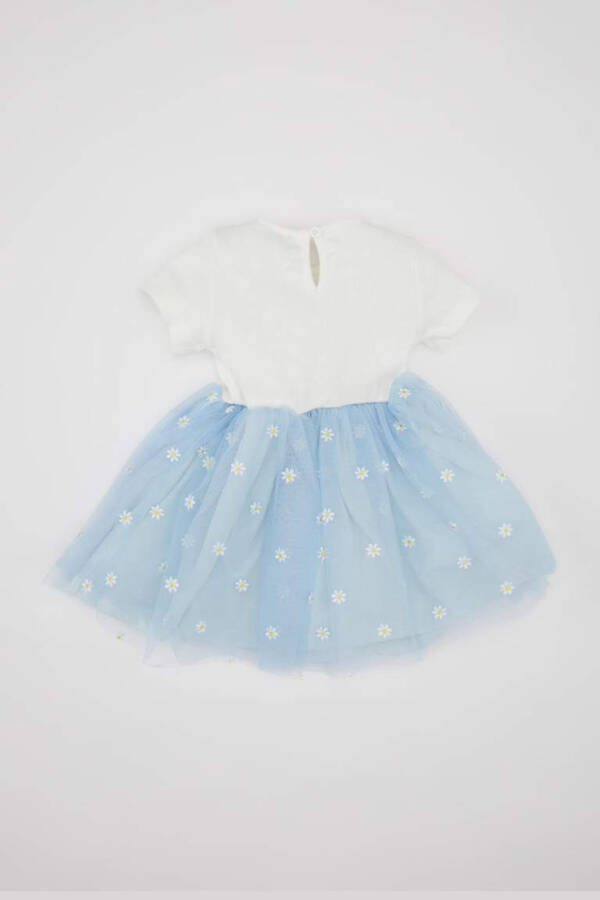 Baby Girl Floral Ribbed Bodice Short Sleeve Tutu Dress Light Blue - 9