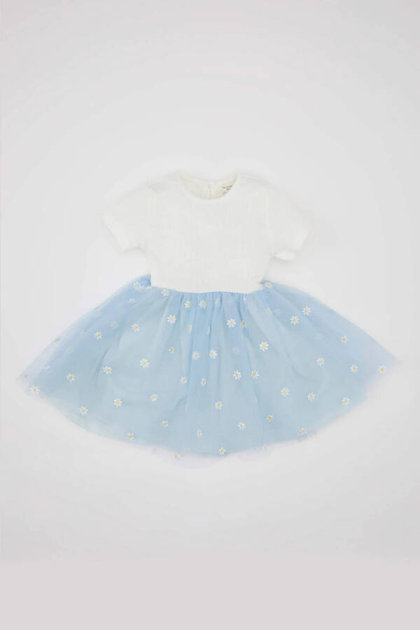 Baby Girl Floral Ribbed Bodice Short Sleeve Tutu Dress Light Blue - 10