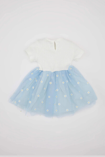 Baby Girl Floral Ribbed Bodice Short Sleeve Tutu Dress Light Blue - 13