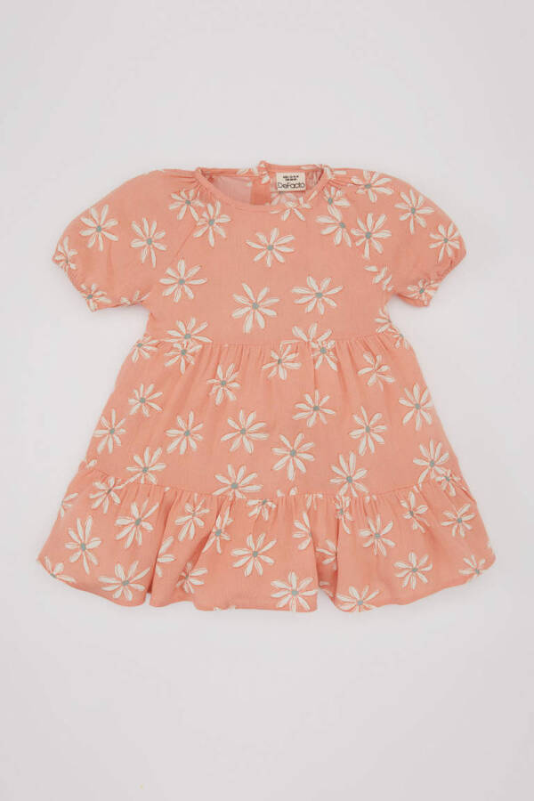 Baby Girl Floral Short Sleeve Crinkle Viscose Dress Salmon - 1