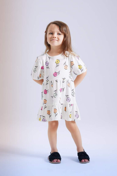 Baby Girl Floral Short Sleeve Waffle Dress Ecru - 1