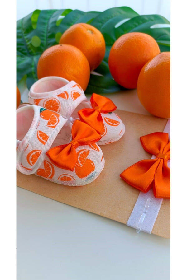 Baby Girl Orange Patterned Bowed Booties and Bandana Set - 2