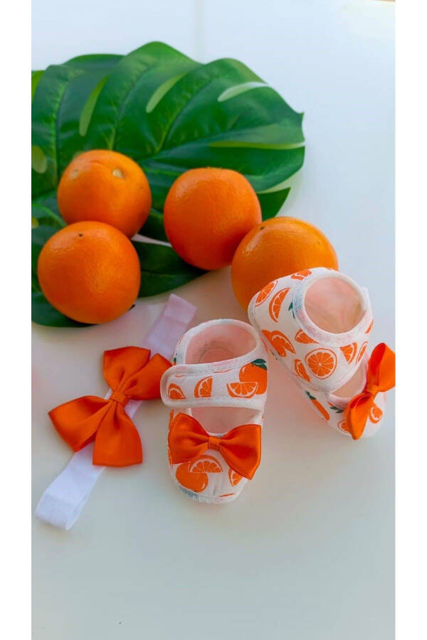 Baby Girl Orange Patterned Bowed Booties and Bandana Set - 3