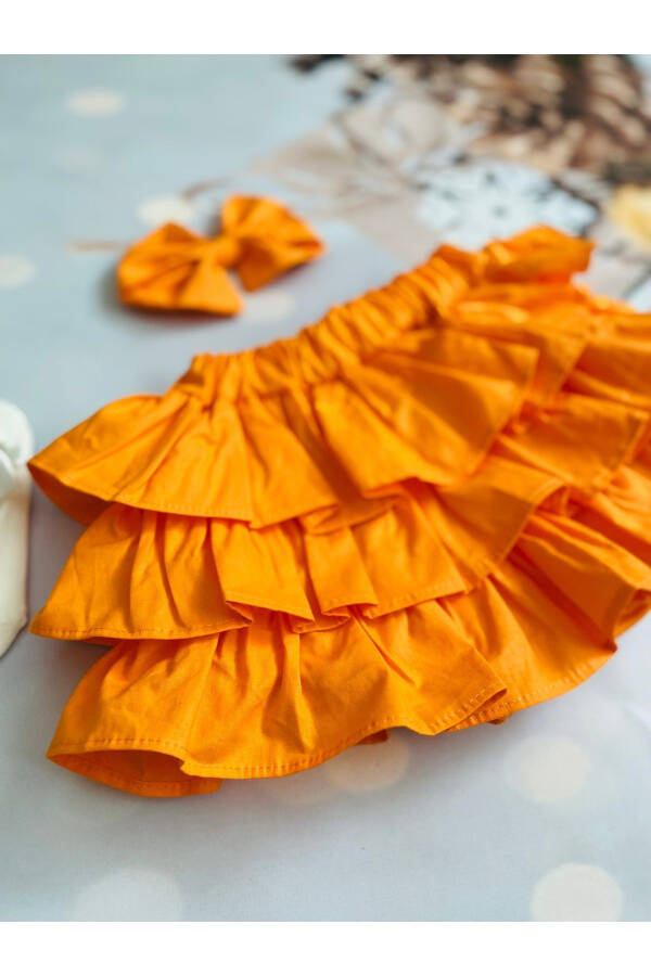 Baby Girl Orange Shorts Skirt Ballerina Socks Bandana Set - 2