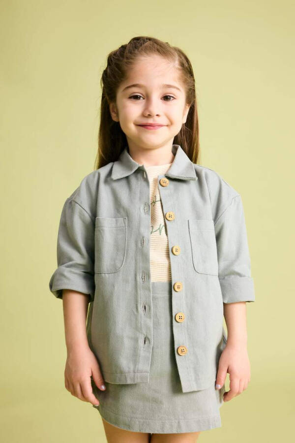 Baby Girl Pocket Gabardine Long Sleeve Shirt Light Green - 3