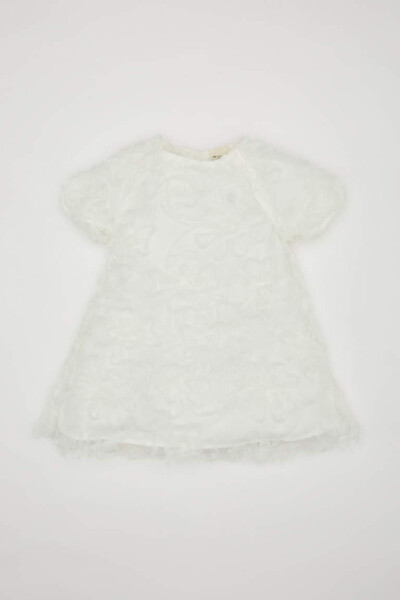 Baby Girl Short Sleeve Tulle Dress Ecru - 1