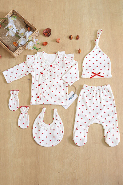 Baby Girl White Heart Patterned Natural Luxury Decorated 5 Piece Hospital Discharge Newborn Set Stl6398 - 1