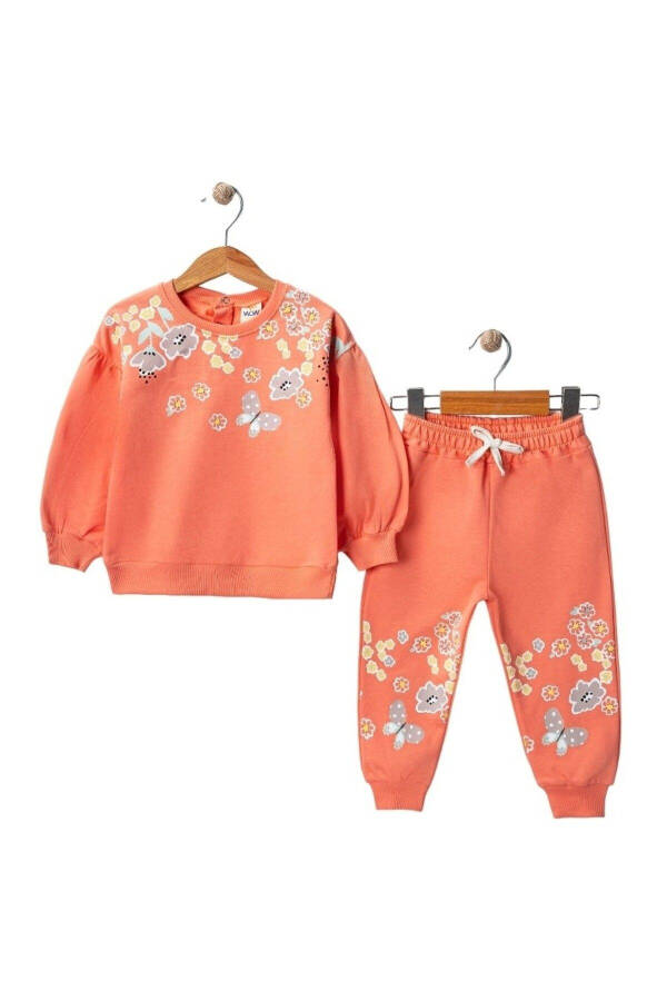 Baby Girl Winter 100% Cotton Two-Piece Sweatsuit Set with Flower Pattern - Pants - 1