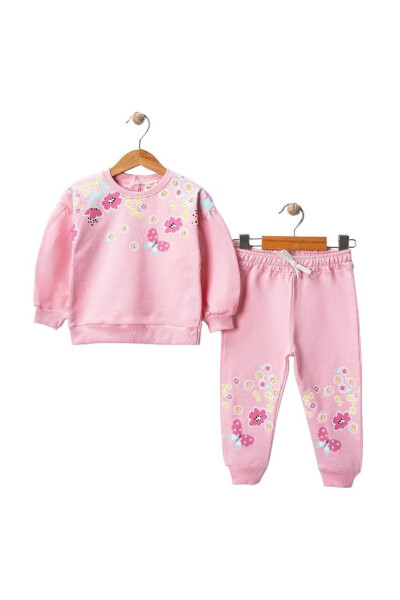 Baby Girl Winter 100% Cotton Two-Piece Top and Bottom Set with Flower Pattern Sweat - Pants - 2