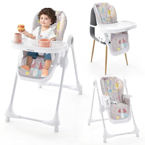 BABY JOY 3-in-1 High Chair, Foldable Infant High Chair w/ 7-Level Adjustable Height, 3-Position Reclining Back & 5-Point Harness, Portable Highchair with Lockable Universal Wheels (Gray) - 43