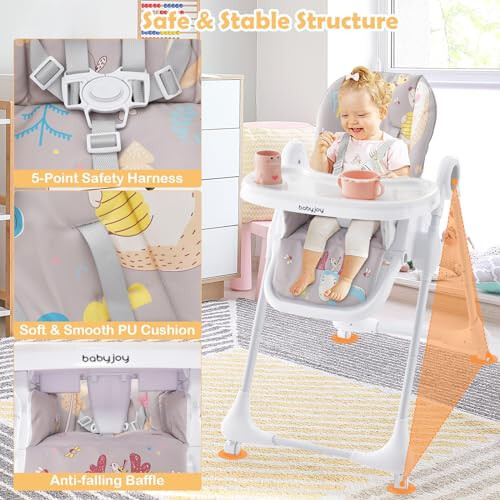 BABY JOY 3-in-1 High Chair, Foldable Infant High Chair w/ 7-Level Adjustable Height, 3-Position Reclining Back & 5-Point Harness, Portable Highchair with Lockable Universal Wheels (Gray) - 47