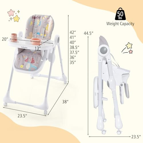 BABY JOY 3-in-1 High Chair, Foldable Infant High Chair w/ 7-Level Adjustable Height, 3-Position Reclining Back & 5-Point Harness, Portable Highchair with Lockable Universal Wheels (Gray) - 48