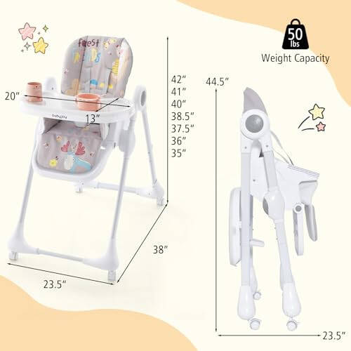 BABY JOY 3-in-1 High Chair, Foldable Infant High Chair w/ 7-Level Adjustable Height, 3-Position Reclining Back & 5-Point Harness, Portable Highchair with Lockable Universal Wheels (Gray) - 48