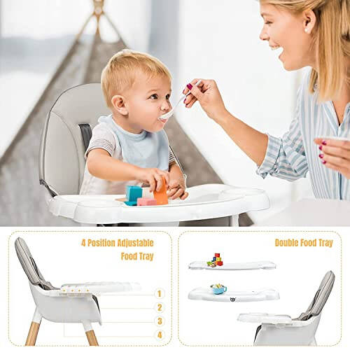 BABY JOY 5 in 1 High Chair, Convertible High Chairs for Babies and Toddlers/Booster Seat/Table and Chair Set, Infant Wooden Highchair w/ 5-Point Harness, 4-Position Removable Tray & PU Cushion, Gray - 34