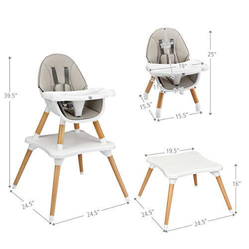 BABY JOY 5 in 1 High Chair, Convertible High Chairs for Babies and Toddlers/Booster Seat/Table and Chair Set, Infant Wooden Highchair w/ 5-Point Harness, 4-Position Removable Tray & PU Cushion, Gray - 35