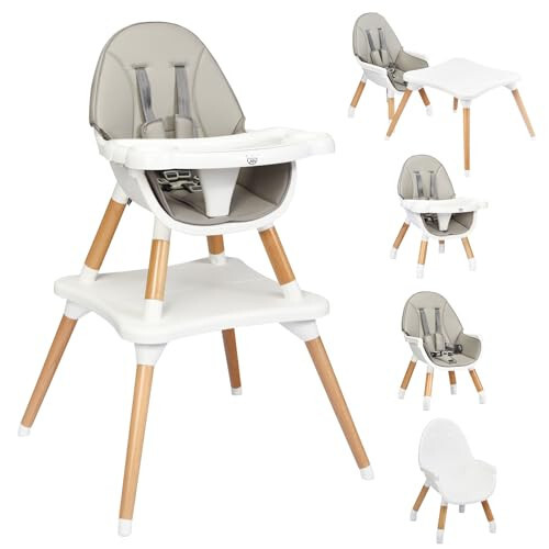 BABY JOY 5 in 1 High Chair, Convertible High Chairs for Babies and Toddlers/Booster Seat/Table and Chair Set, Infant Wooden Highchair w/ 5-Point Harness, 4-Position Removable Tray & PU Cushion, Gray - 25