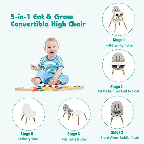 BABY JOY 5 in 1 High Chair, Convertible High Chairs for Babies and Toddlers/Booster Seat/Table and Chair Set, Infant Wooden Highchair w/ 5-Point Harness, 4-Position Removable Tray & PU Cushion, Gray - 26