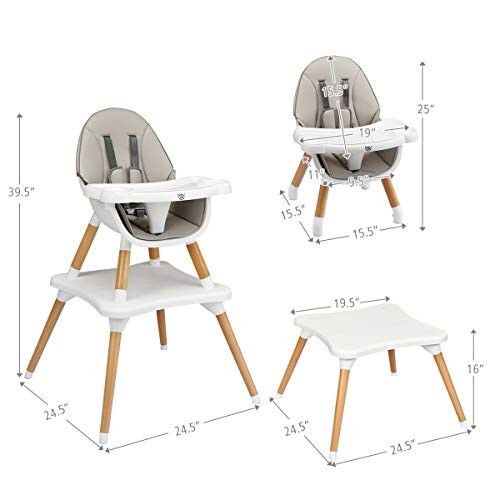 BABY JOY 5 in 1 High Chair, Convertible High Chairs for Babies and Toddlers/Booster Seat/Table and Chair Set, Infant Wooden Highchair w/ 5-Point Harness, 4-Position Removable Tray & PU Cushion, Gray - 29