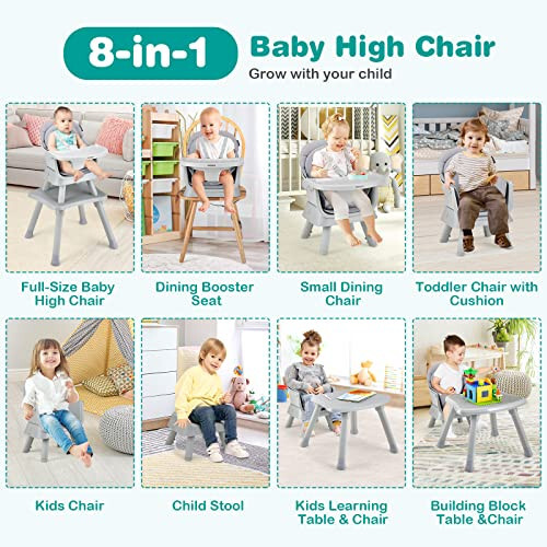 BABY JOY Baby High Chair, 8 in 1 Convertible Highchair for Babies & Toddlers | Booster Seat | Table and Chair Set | Building Block Table | Toddler Chair with Safety Harness, Removable Tray (Gray) - 32